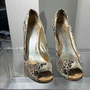 Guess by Marciano Beige and Black Snake-Print Peep-Toe Pumps
